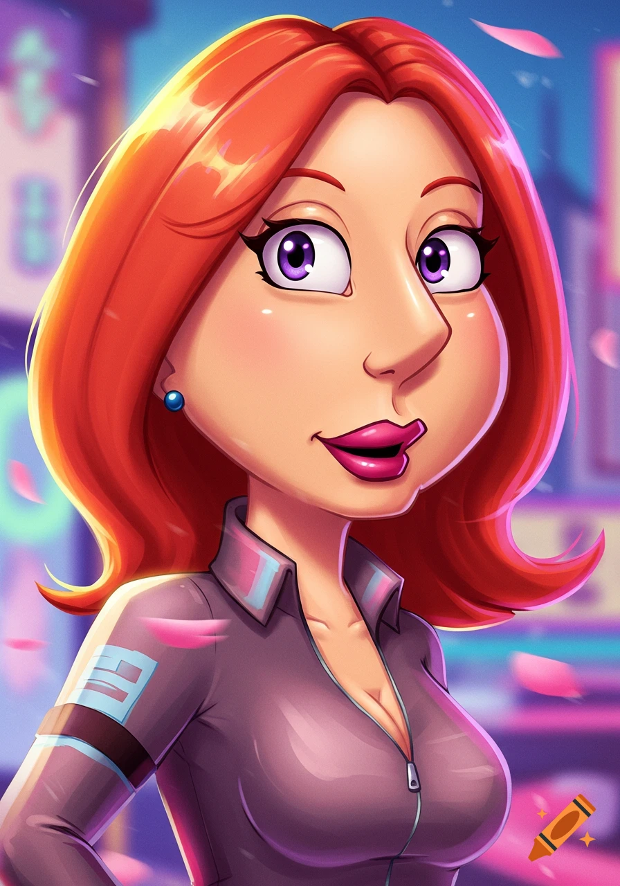 A colorful anime-style portrait of Lois Griffin with red hair and purple eyes, wearing a grey jumpsuit with a zipper.