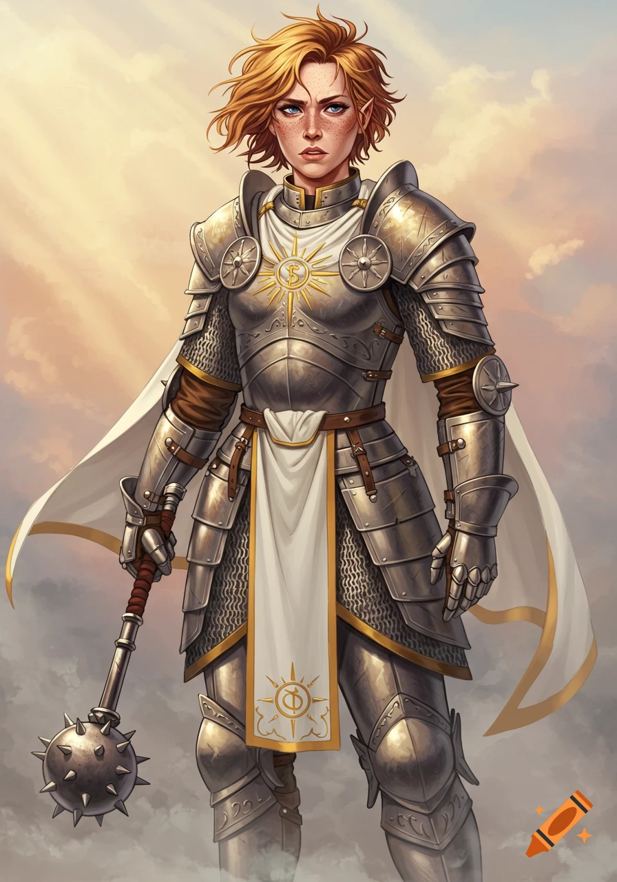 A female D&D cleric with short blonde hair and freckles, in plate armor with a sun symbol, holding a flanged mace.