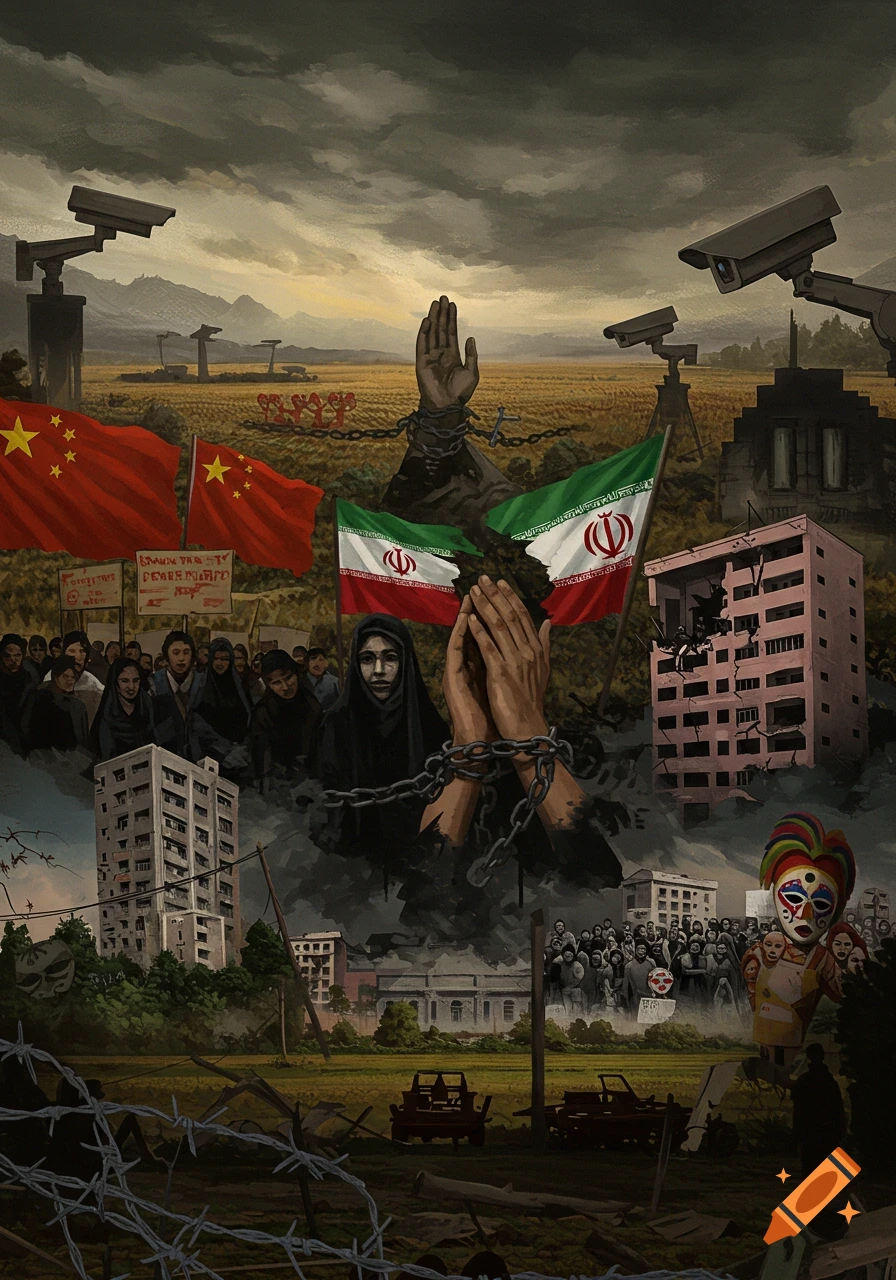 A dark, symbolic painting depicting oppression, with chained hands, Iranian and Chinese flags, surveillance cameras, protesting crowds, and destroyed buildings under a stormy sky.