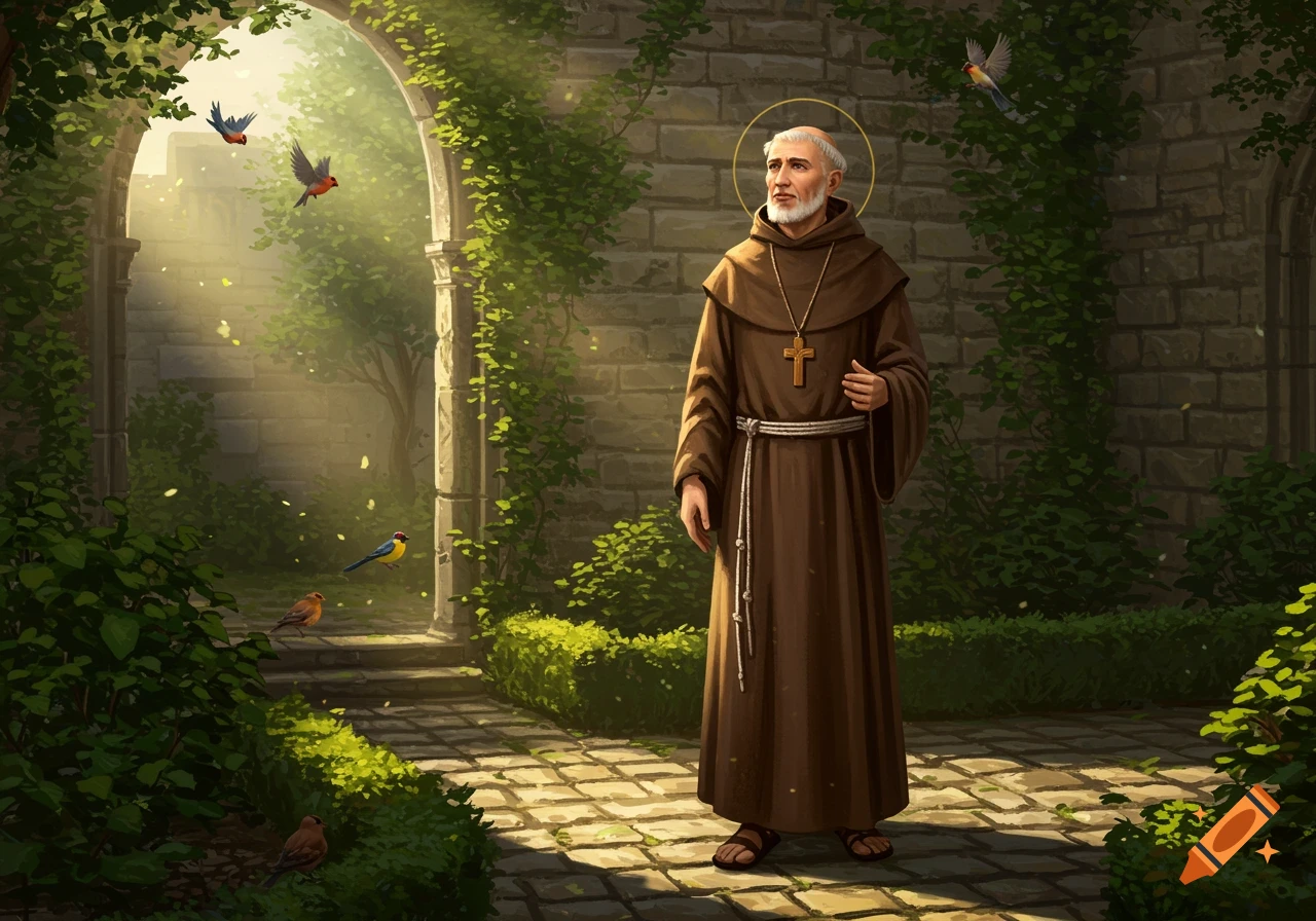 Illustrated depiction of a saintly man in a brown robe with a halo, standing in a sunlit garden with stone arches and birds.