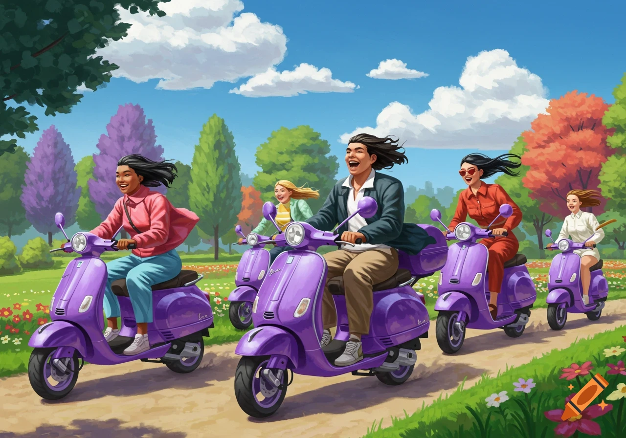 Five cheerful people, including three women and two men, ride purple scooters down a dirt path through a vibrant park on a sunny day. Trees in varying shades of green, purple, and orange line the path.