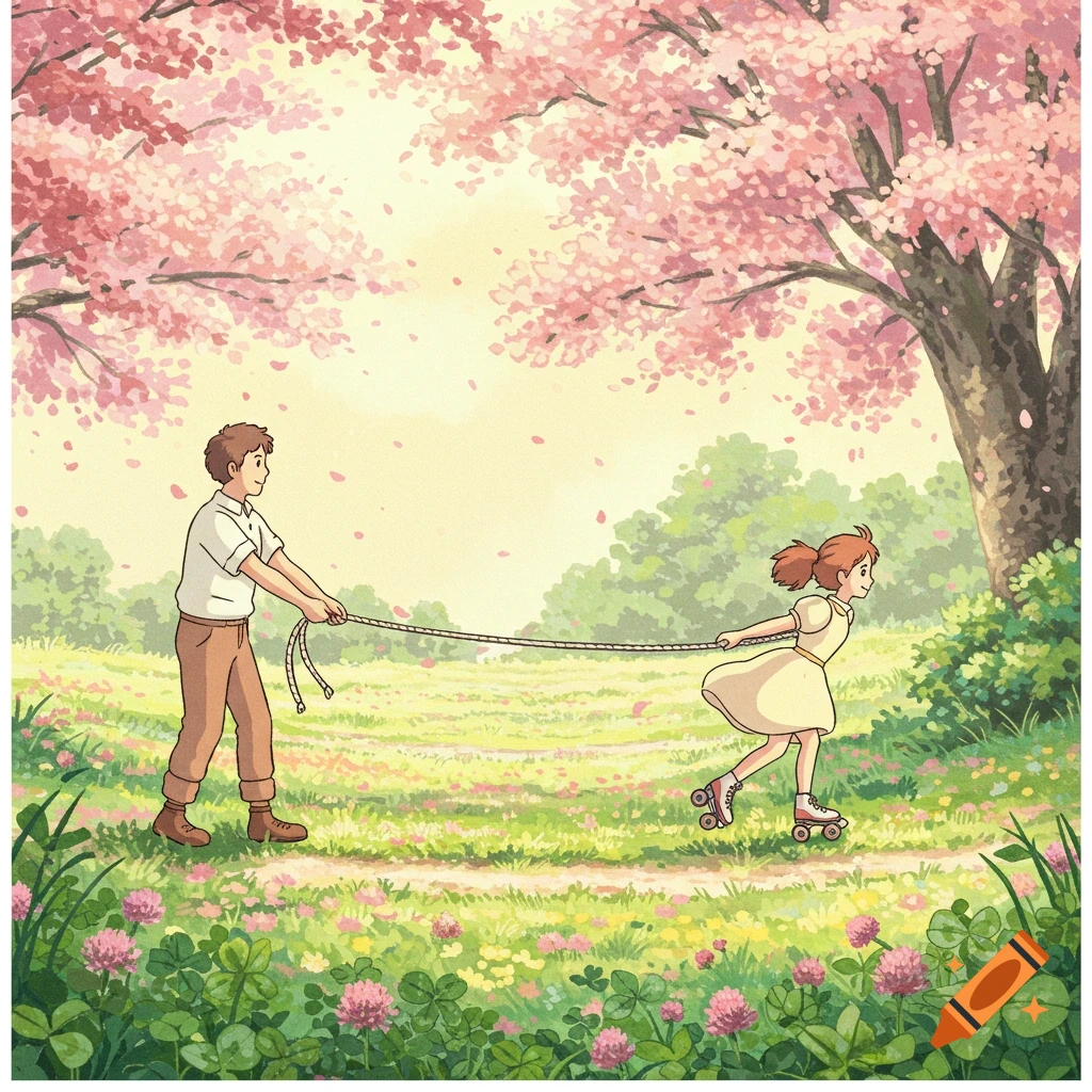 A man pulls a young girl on roller skates with a rope through a sunny spring park filled with cherry blossoms, in a Studio Ghibli art style.