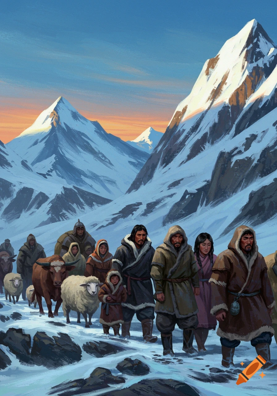 An illustration of nomadic people and livestock traversing a snowy mountain pass at sunset.