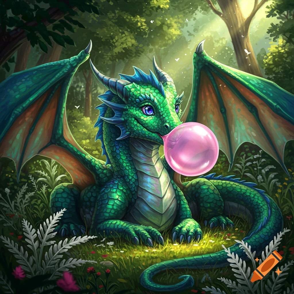 A cute green dragon with blue accents sits in a sunlit forest, blowing a large pink bubble gum bubble.