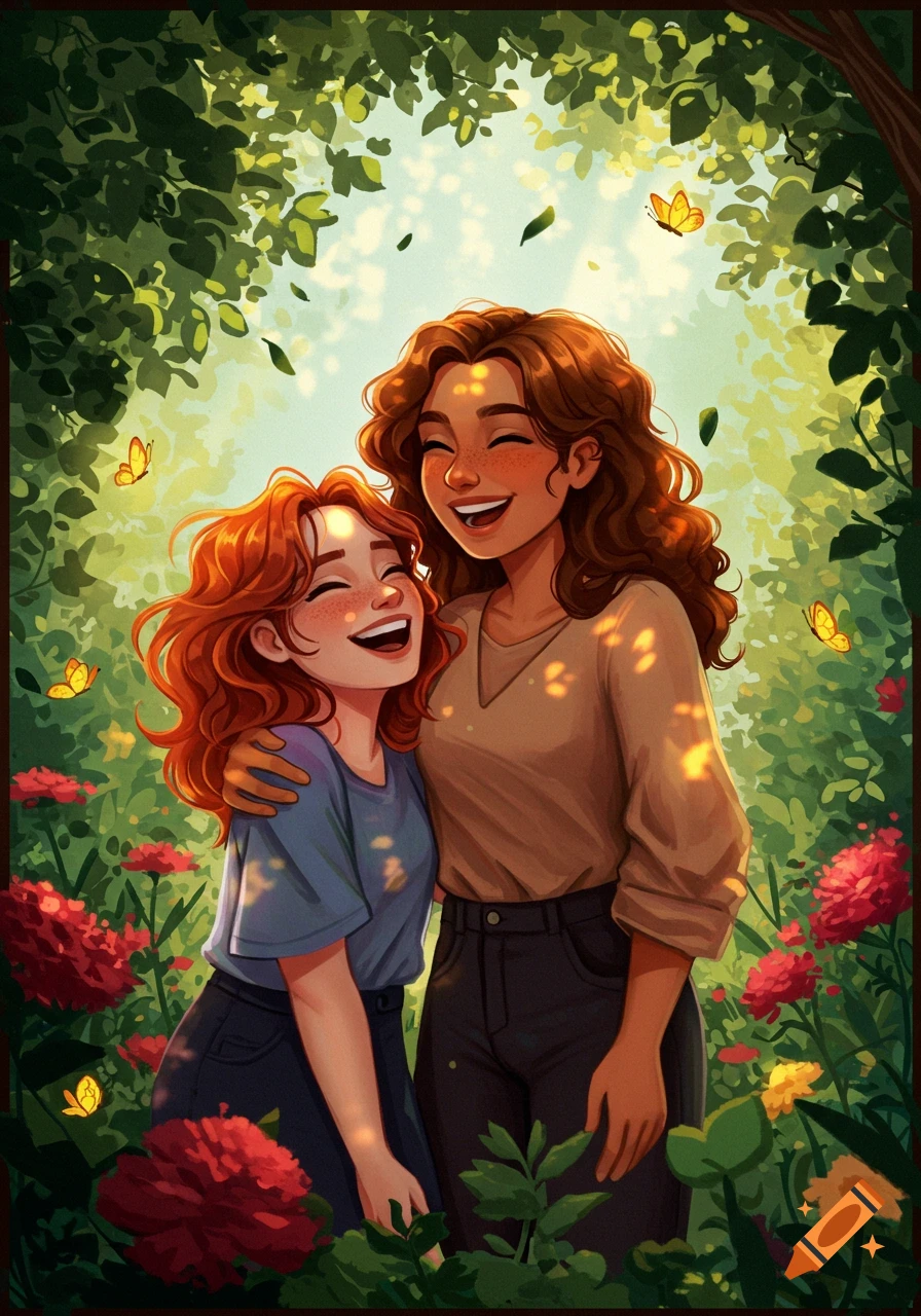 Two laughing women with red and brown hair embrace in a sunlit garden with flowers and butterflies, in an illustration style.