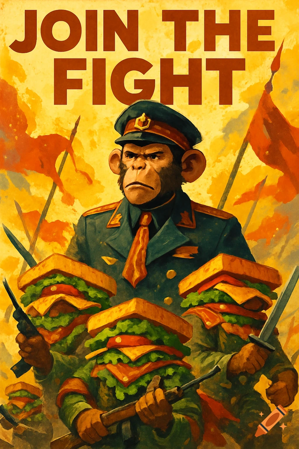 A vintage-style propaganda poster showing a general monkey leading an army of sandwich-headed warriors under the text 'JOIN THE FIGHT'.