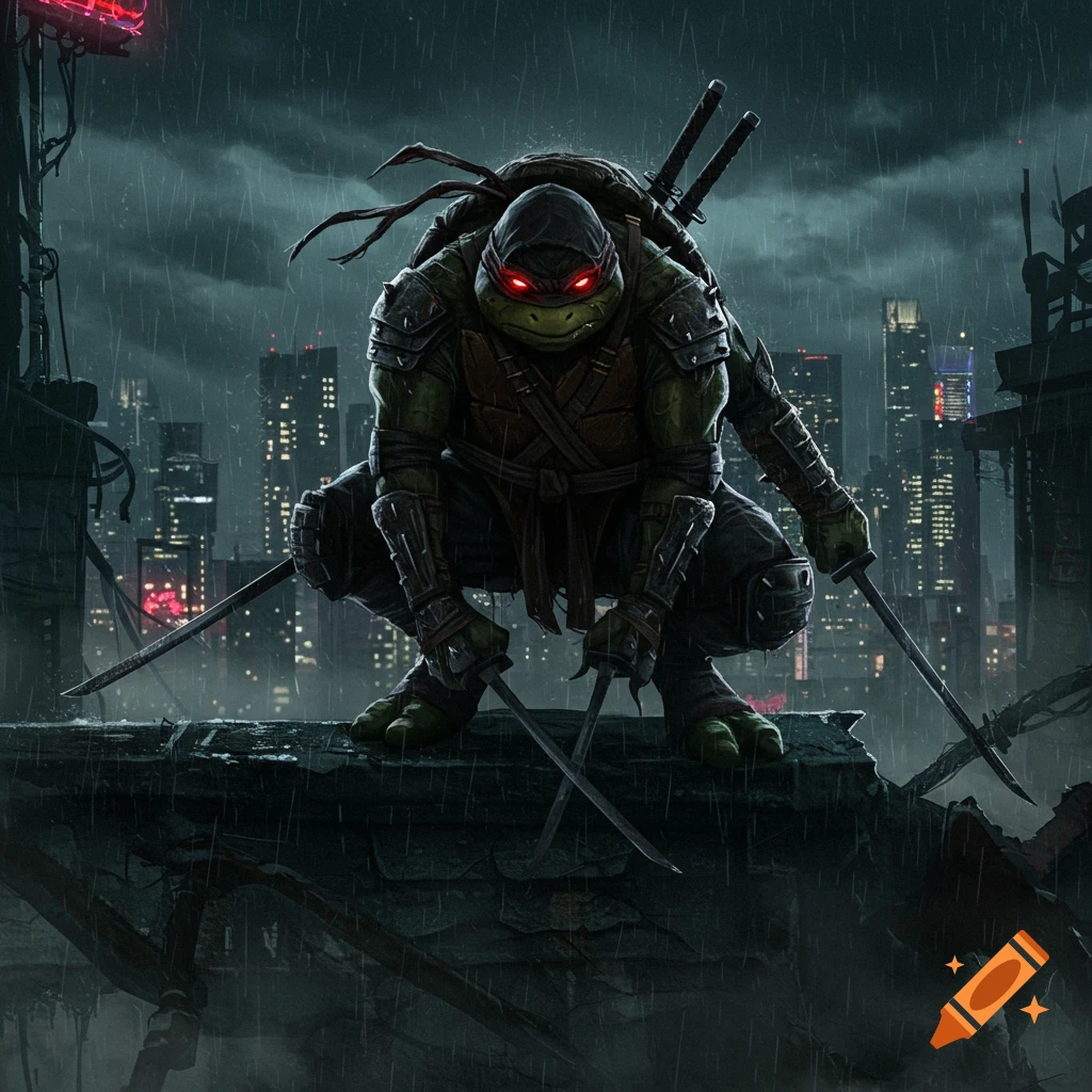 A stylized ninja turtle with glowing red eyes crouches on a rainy rooftop overlooking a dark city skyline.