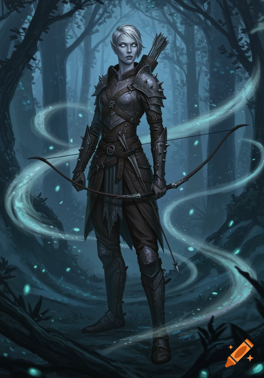 A grey-skinned elf with white hair in studded leather armor holds a longbow in a dark fantasy forest.