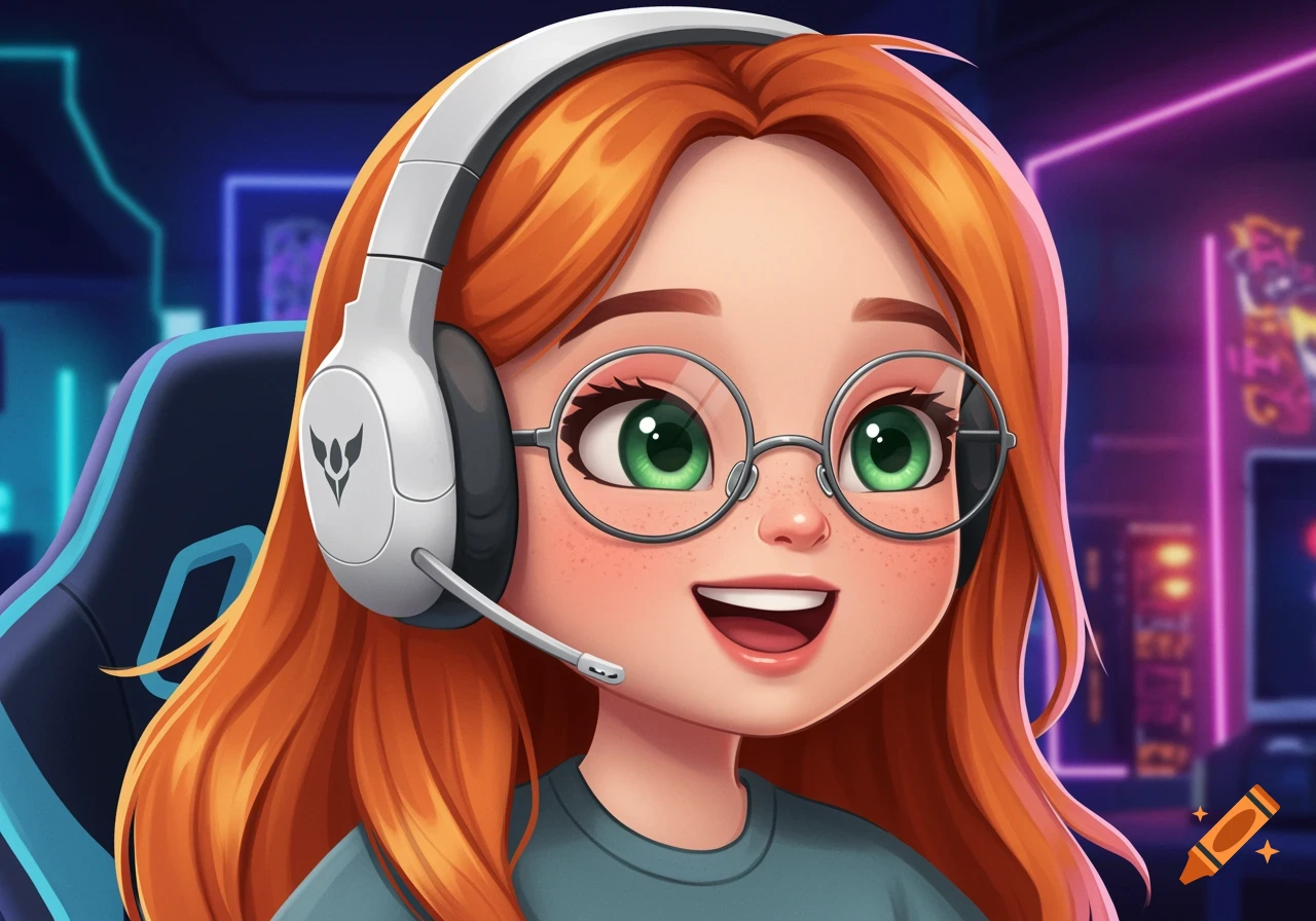 Animated close-up of a happy ginger-haired girl with glasses and a white gaming headset, in a neon-lit gaming room.