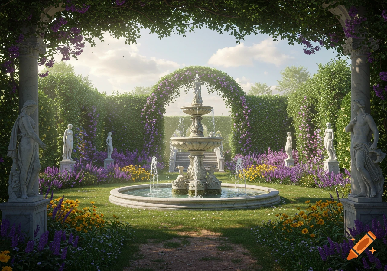 A lush, ornate garden with a grand stone fountain and classical statues, surrounded by vibrant purple and yellow flowers.