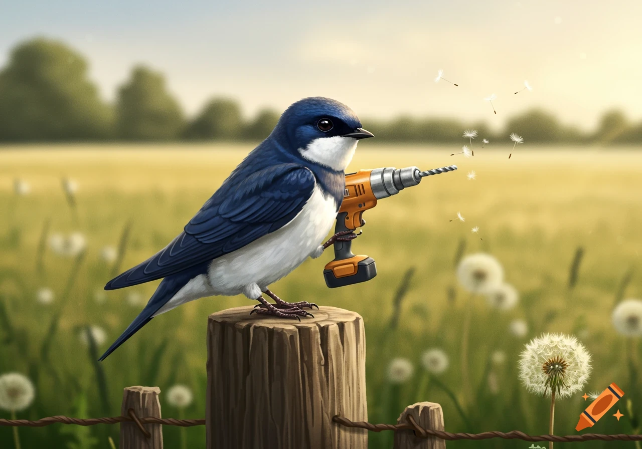 An illustrated blue and white bird perches on a wooden post, holding an orange power drill with its foot in a field of dandelions.