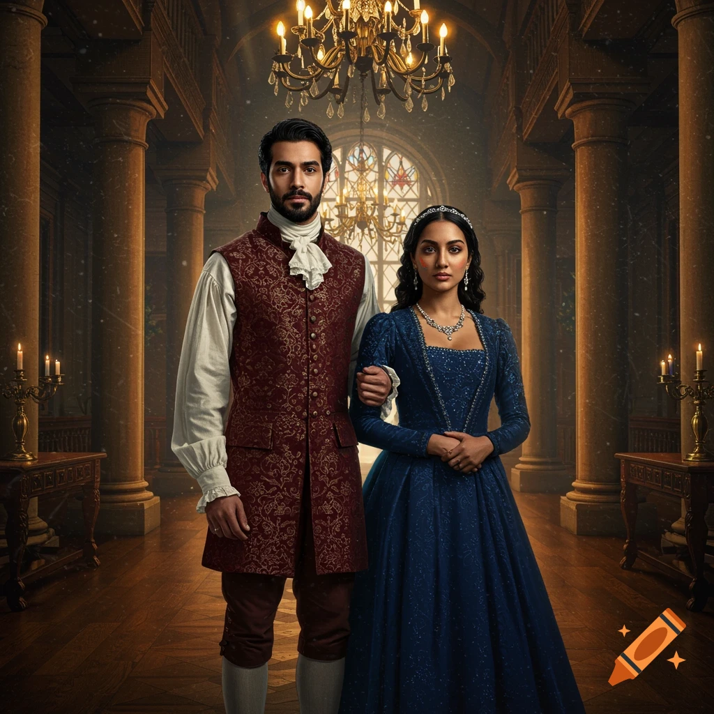 A man in a red period vest and a woman in a blue period gown stand arm-in-arm in a grand hall with pillars and a chandelier.