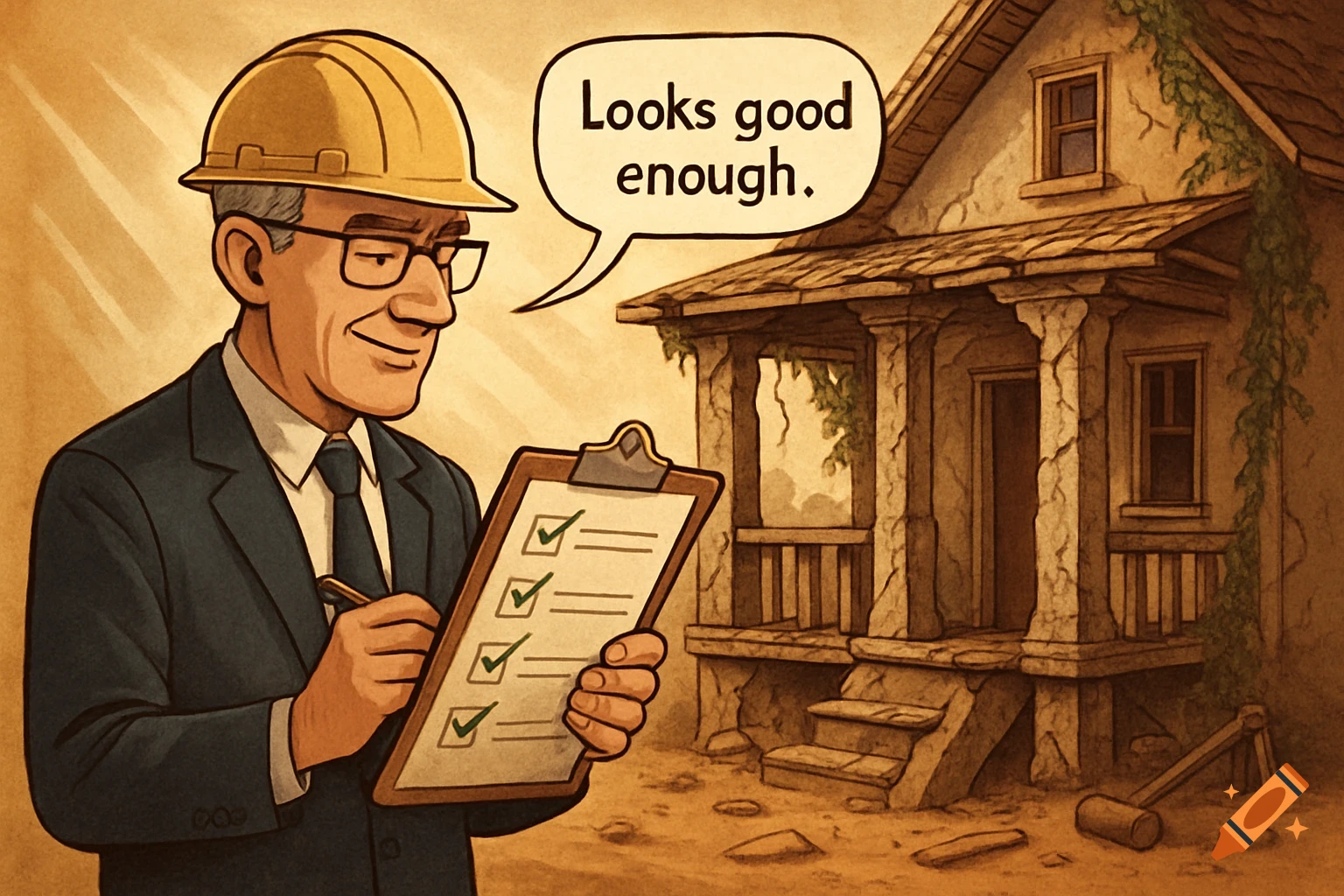 Cartoon of a building inspector checking a clipboard and saying 'Looks good enough' in front of a dilapidated house.
