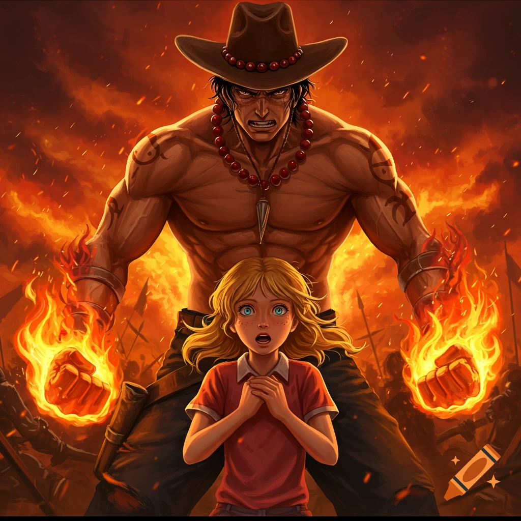 A muscular man with fire fists protects a scared young girl, standing against a fiery, battle-like background in an anime style.