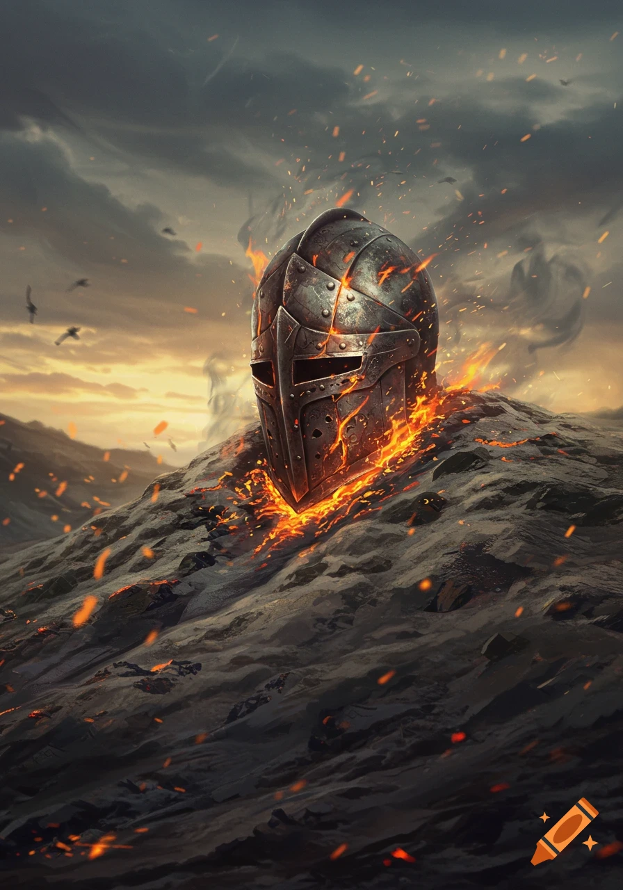 A smoldering, weathered full plate helmet is partially buried in ash with flames and sparks, under a cloudy sky.