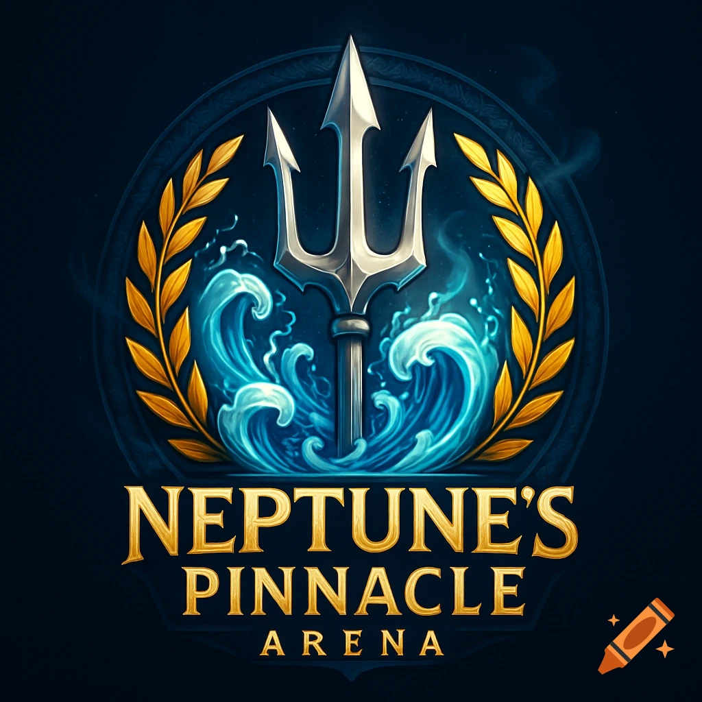 A detailed bronze and silver logo for 'Neptune's Pinnacle Arena' featuring a trident, ocean waves, and golden laurel wreaths.