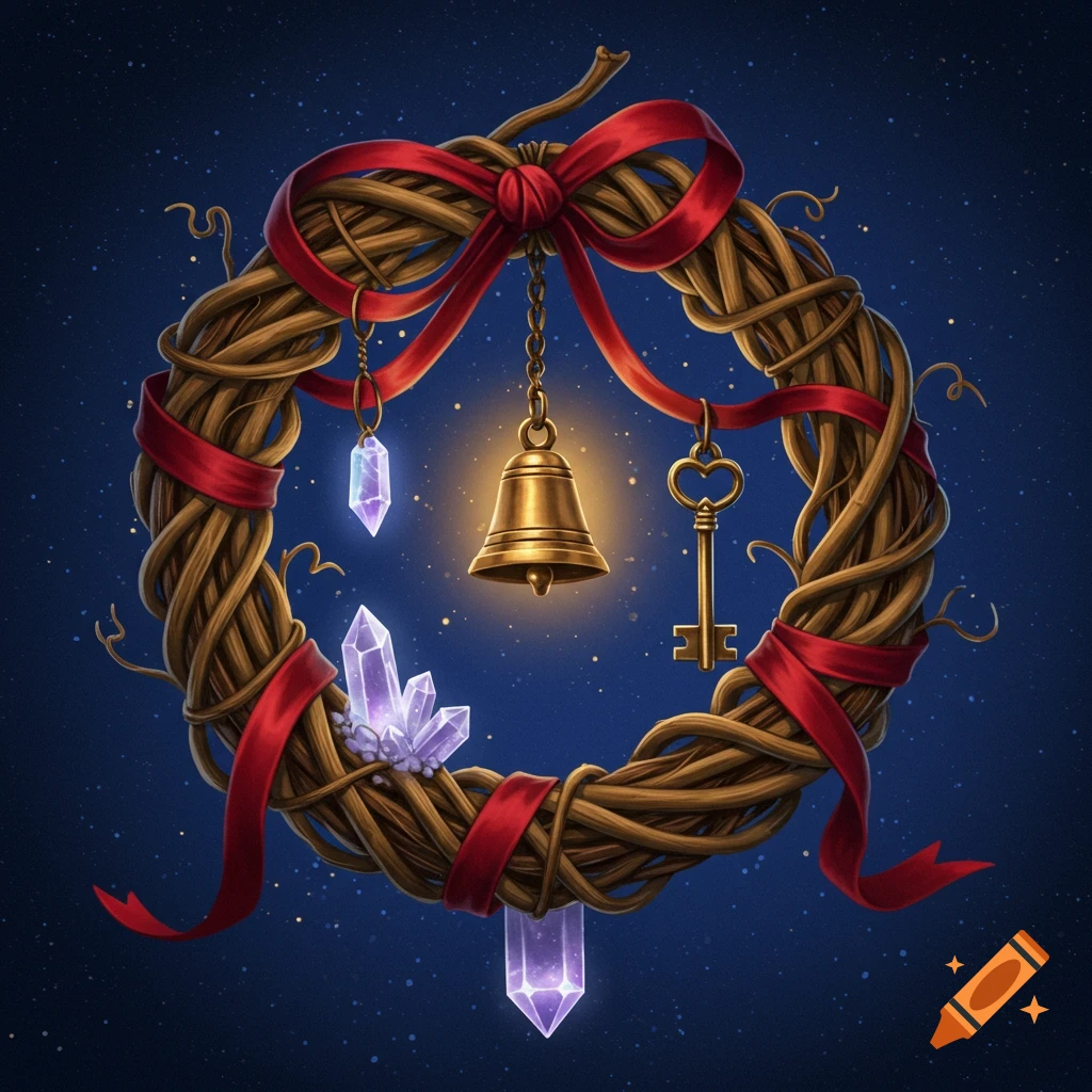 A magical grapevine wreath adorned with red ribbons, a golden bell, an antique key, and glowing purple crystals, set against a dark, starry sky.