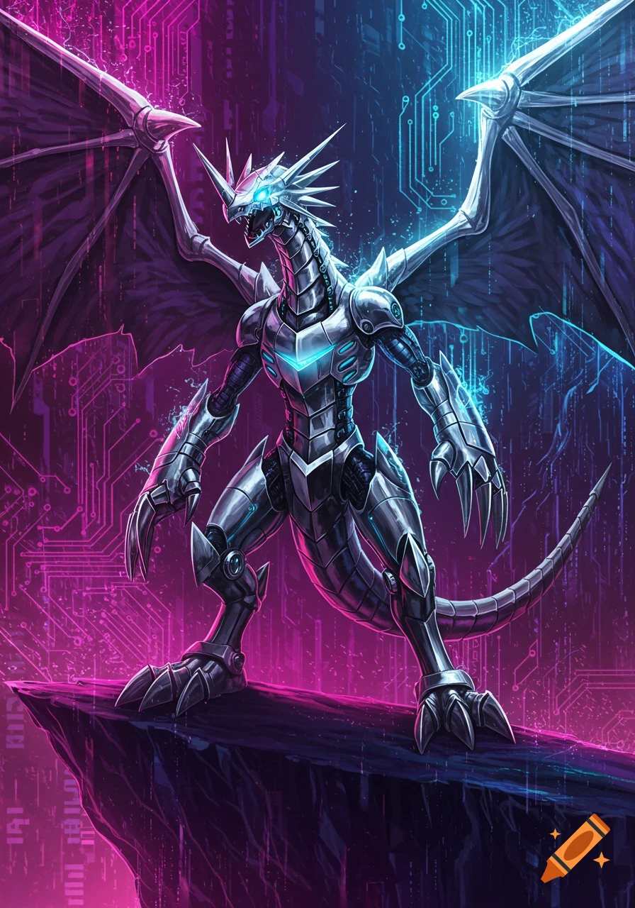 A powerful robotic dragon, resembling a Digimon, stands on a rocky ledge with glowing blue eyes and chest, set against a neon pink and blue circuit board background.