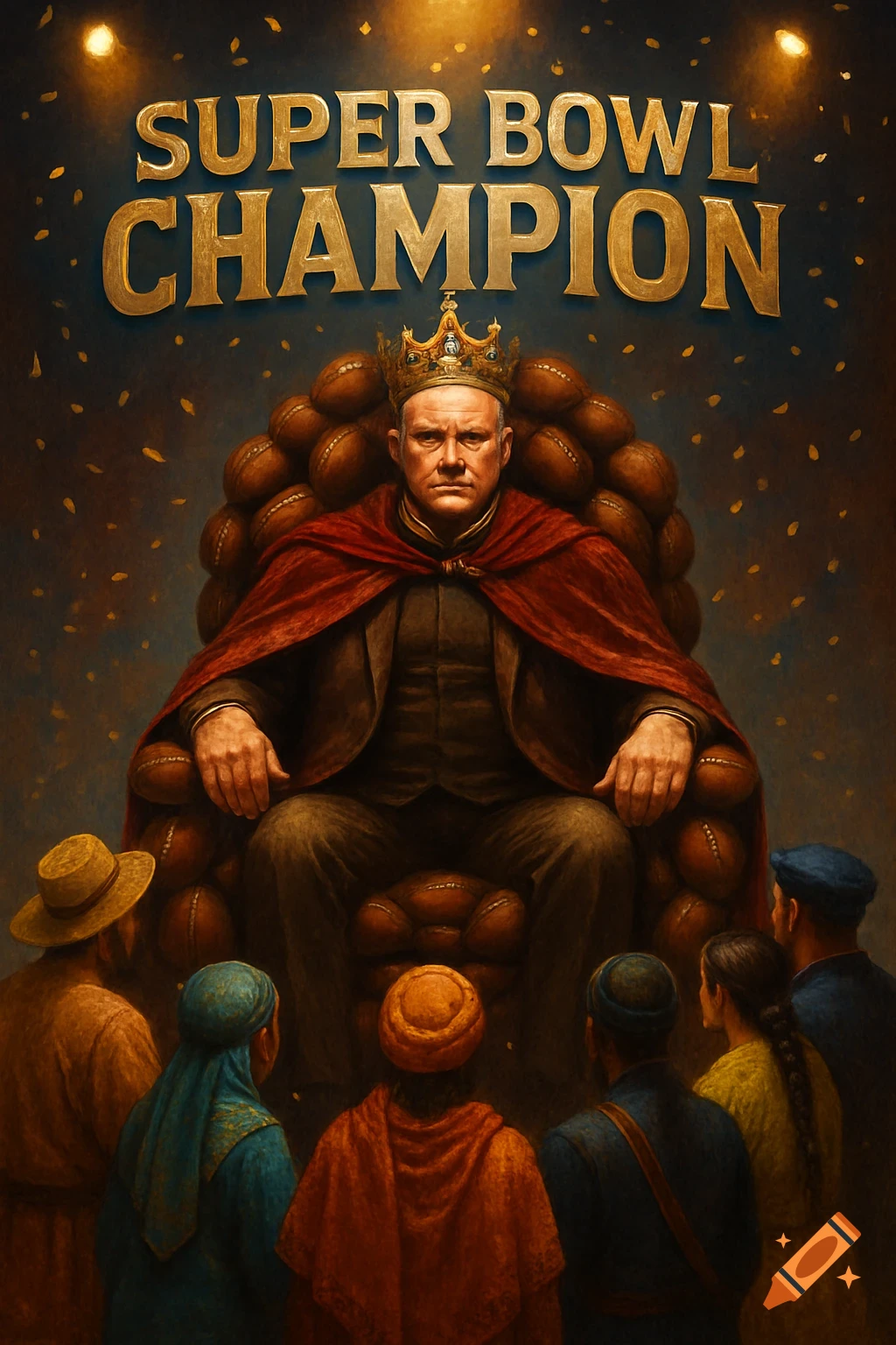 A man wearing a crown and red cape sits on a throne made of footballs, looking sternly. Several people bow before him. Gold text above reads "SUPER BOWL CHAMPION".