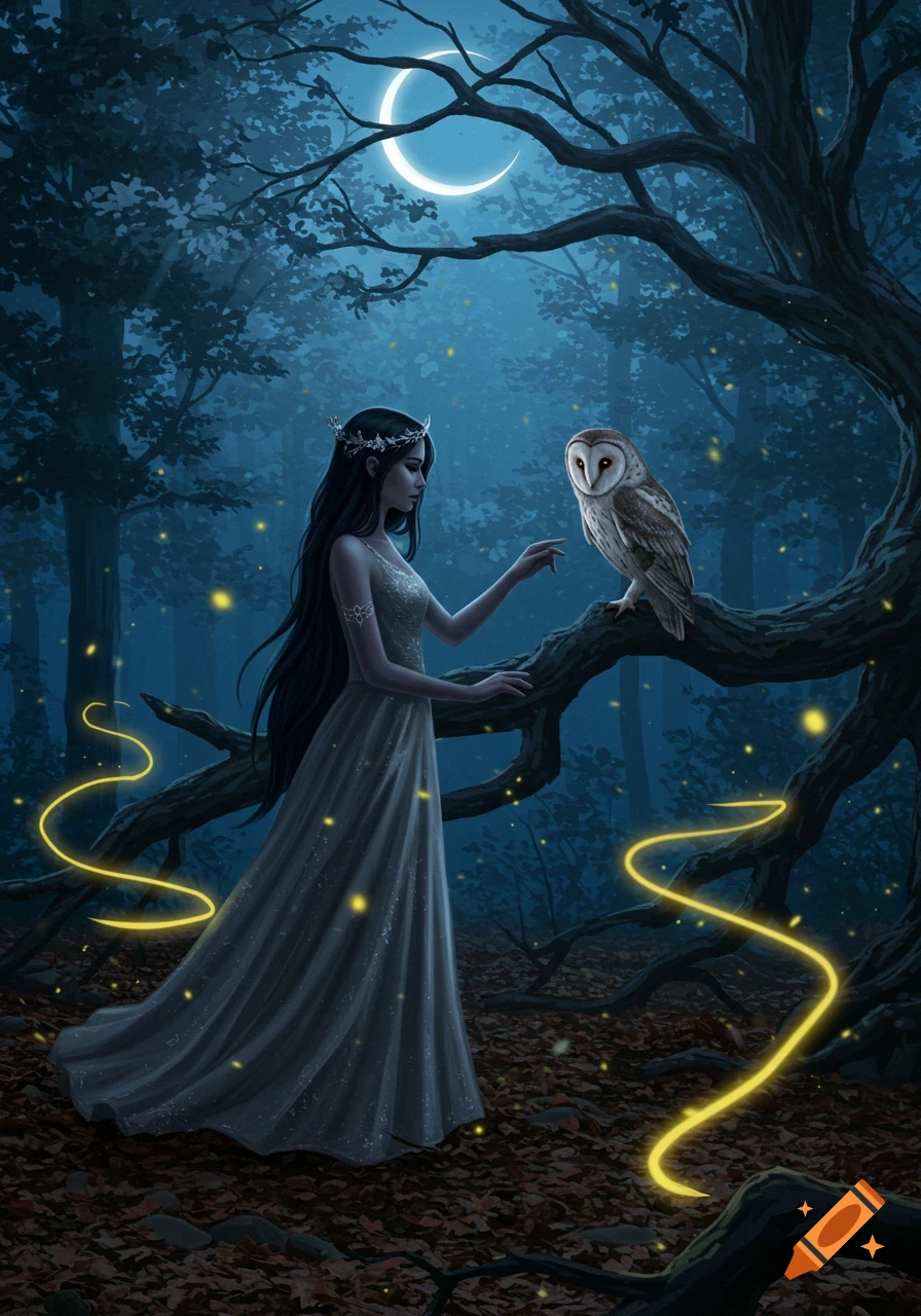 A mysterious woman in a white dress reaching towards an owl perched on a tree branch in a dark, moonlit fantasy forest with glowing lights.