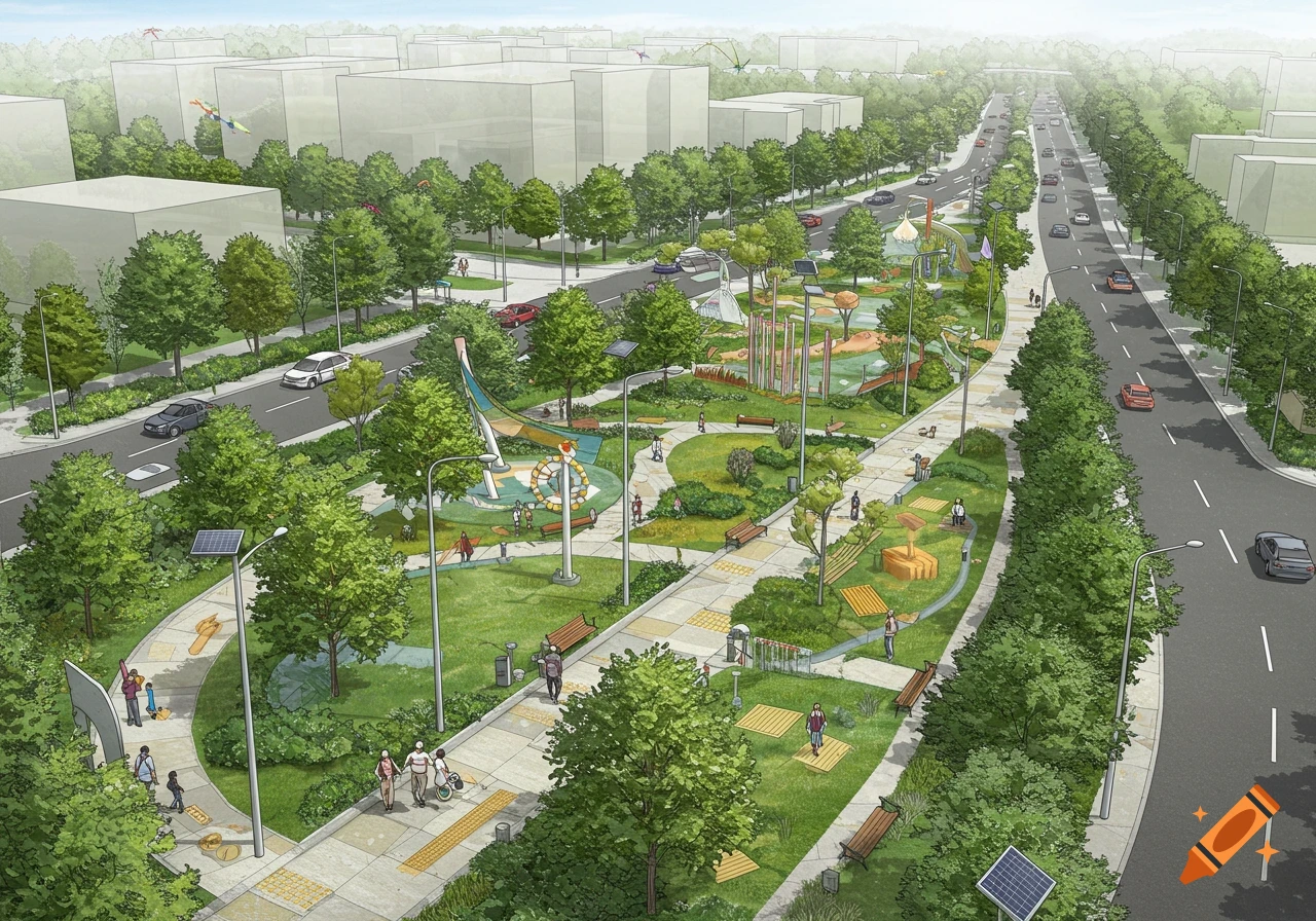 Aerial illustration of a modern urban park and street, showing walking paths, playgrounds, benches, trees, people, and cars, surrounded by city buildings.