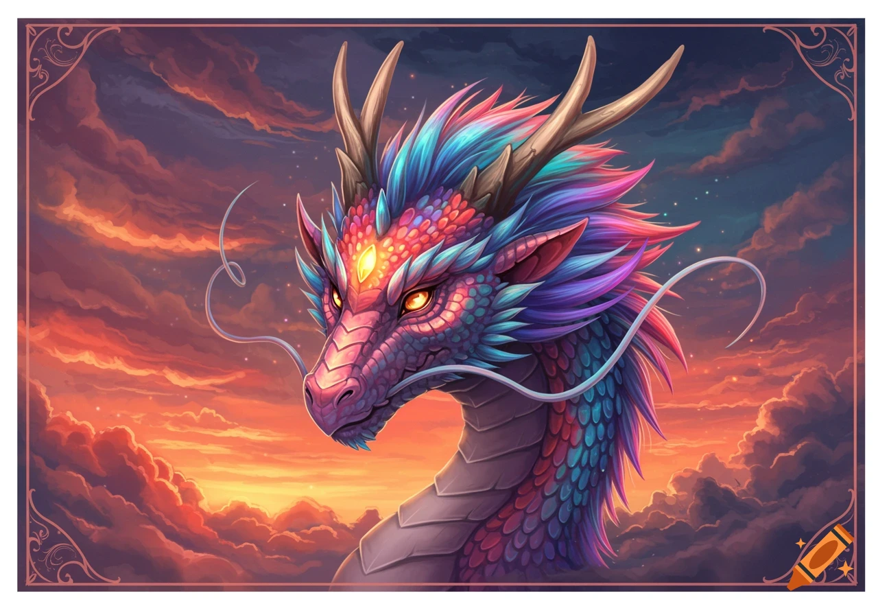 Close-up of a vibrant rainbow-colored dragon's head with horns, against a dramatic sunset sky with clouds.