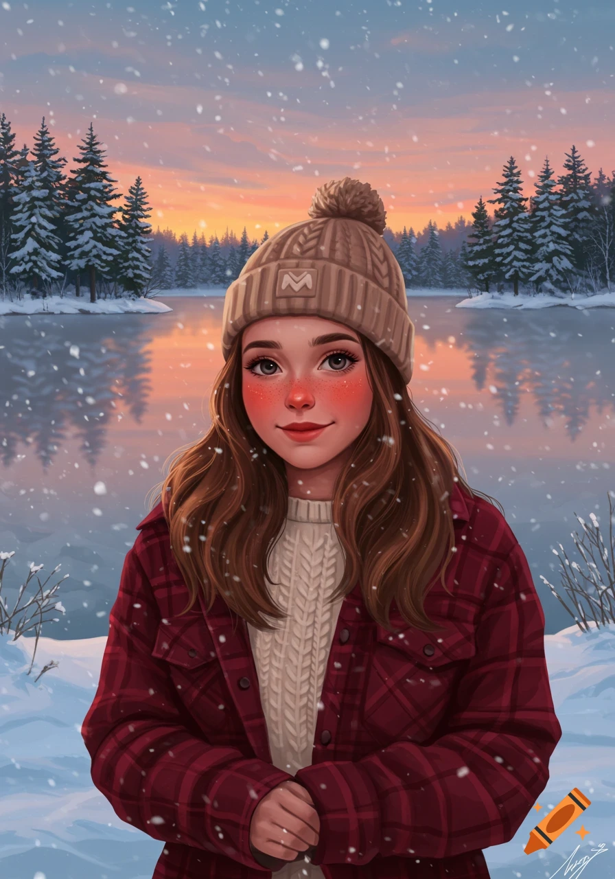 A young woman with a beanie and red plaid jacket stands in a snowy winter landscape with a lake and pine trees at sunset. Digital illustration.