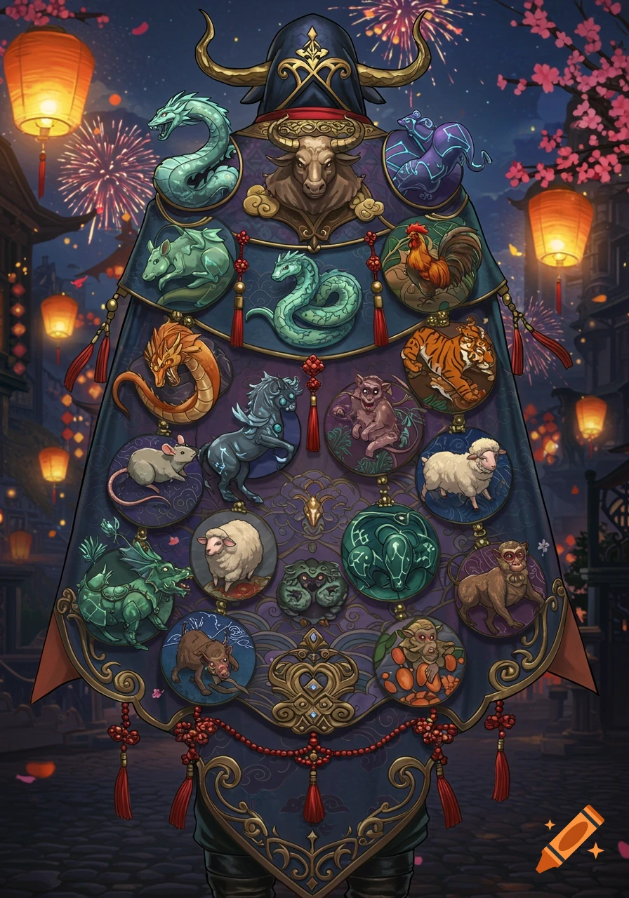 A detailed fantasy art piece showing a cloak adorned with the 12 Chinese zodiac animals, set against a festive night with lanterns and fireworks.