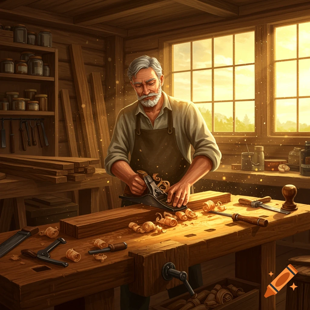 An old man with a beard planes wood in a sunlit workshop, surrounded by tools and wood shavings.