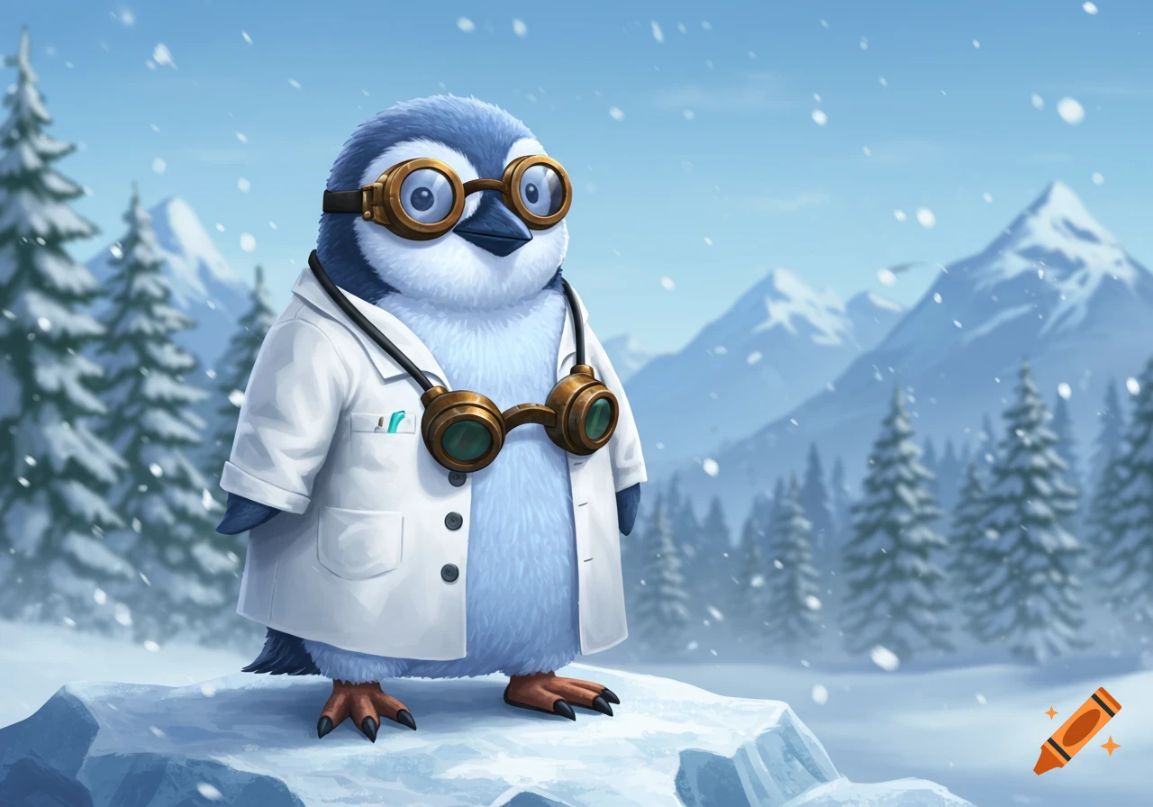 A cute cartoon penguin in a lab coat and steampunk goggles stands on ice, with snowy mountains and pine trees in the background.