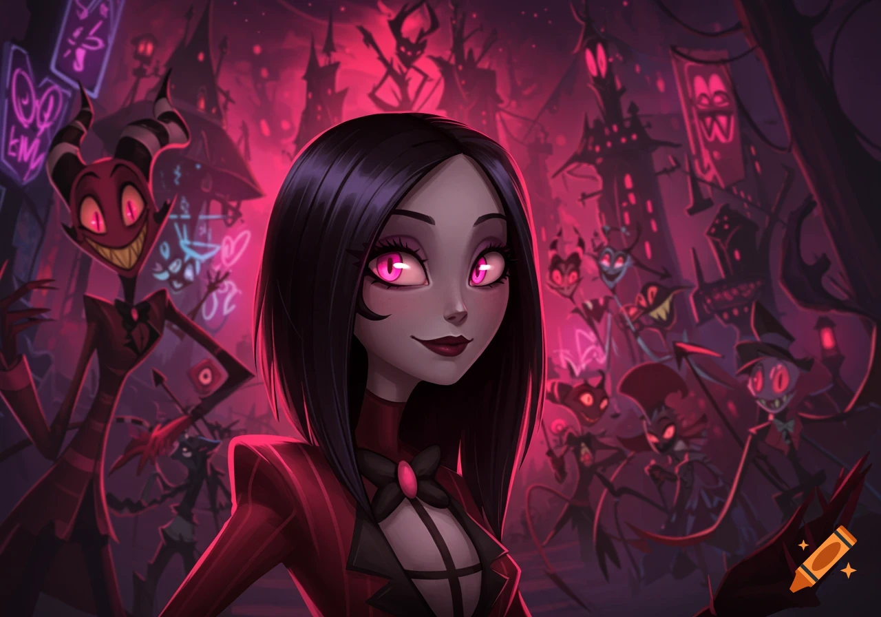 A stylized Hazbin Hotel character with black hair and glowing pink eyes, wearing a red suit, smiles against a dark, neon-lit cityscape with other demonic figures.