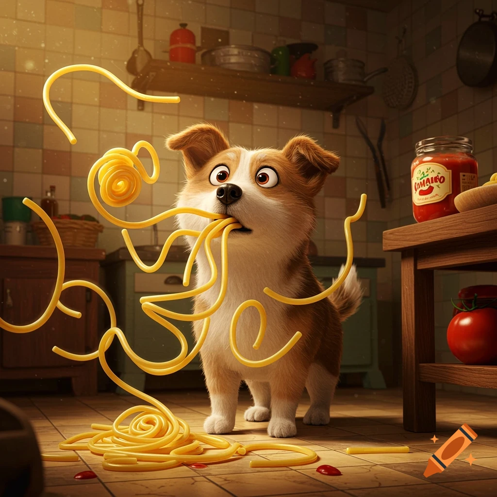 A surprised cartoon dog with spaghetti in its mouth and falling around it in a kitchen.