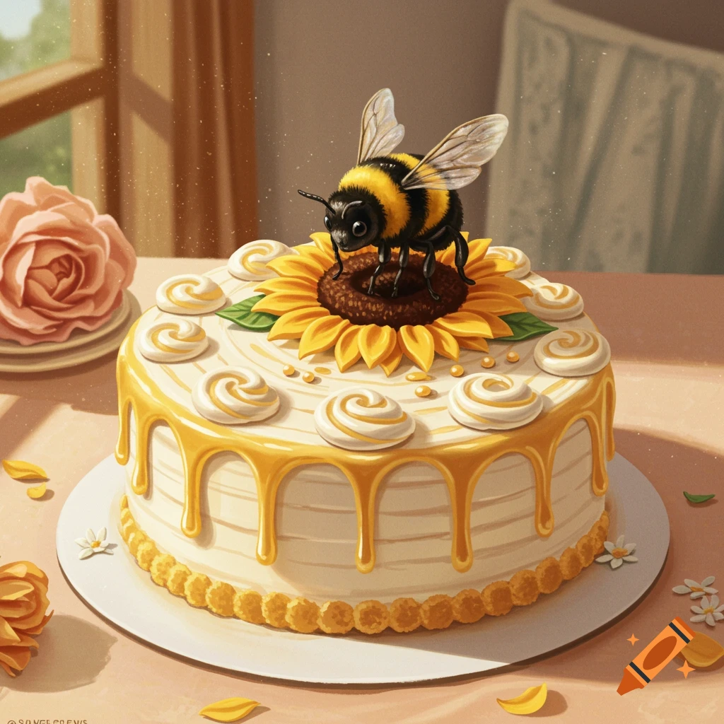 A whimsical birthday cake with a sunflower and dripping honey, topped by a bumblebee.