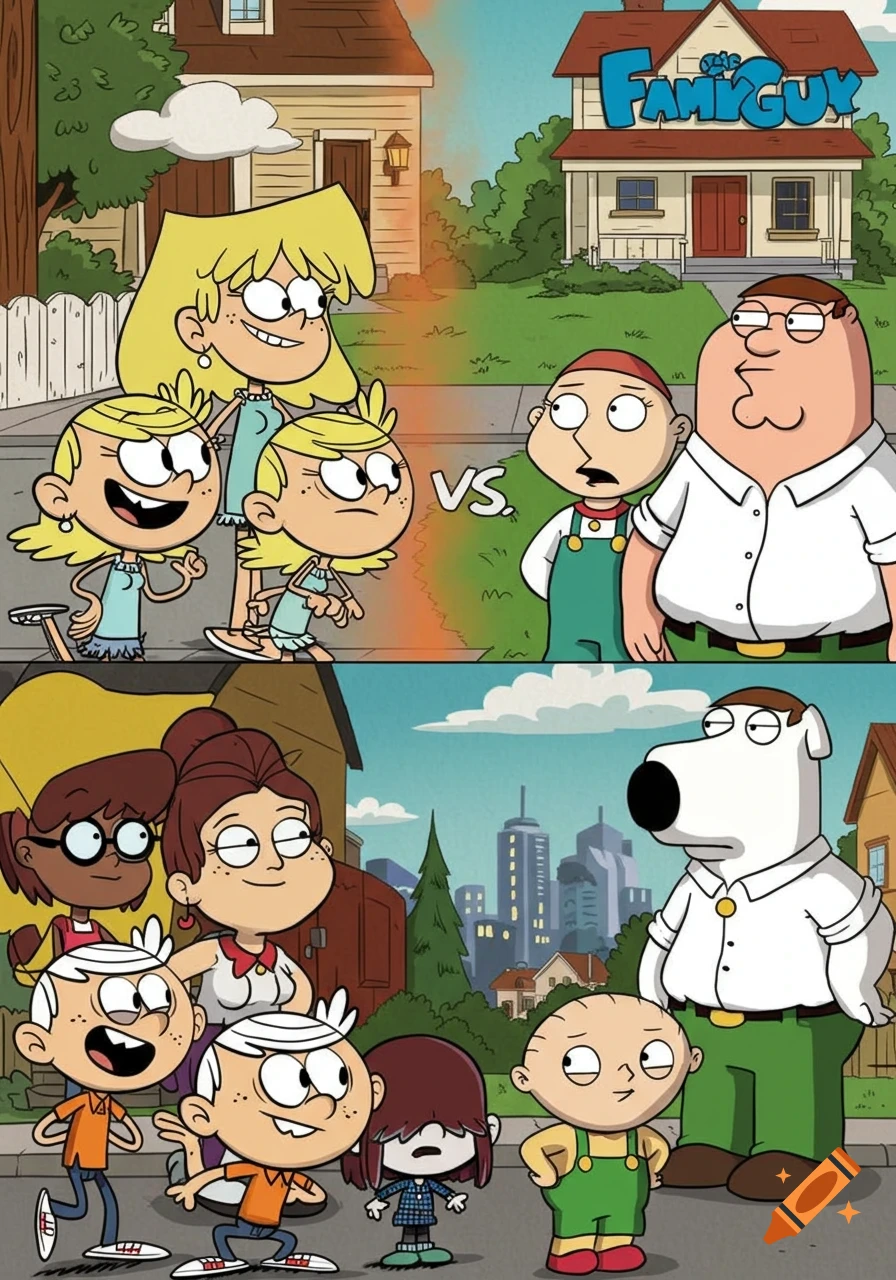 Cartoon characters from The Loud House and Family Guy face each other in a vs. battle scene.