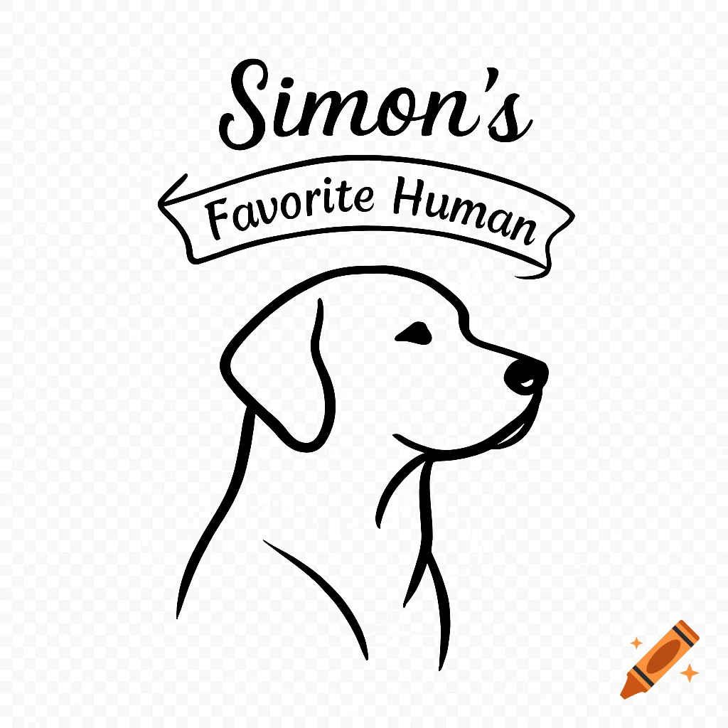 Black line art illustration of a dog's head in profile with a banner above reading 'Simon's Favorite Human'.