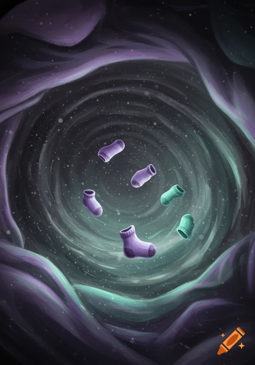 Several purple and teal socks float in a dark, swirling, cosmic-like void with small white specks, in an illustrative style.