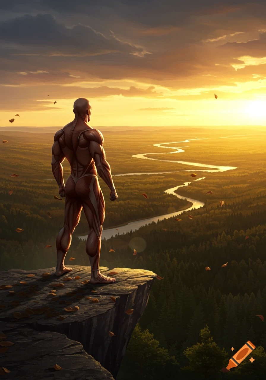 A muscular figure with exposed musculature stands on a cliff, overlooking a winding river through a vast forest at sunset.