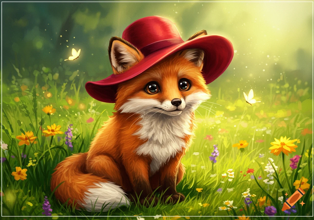 A cute orange and white fox wearing a red hat sits in a vibrant green meadow filled with colorful wildflowers and butterflies, in a whimsical art style.
