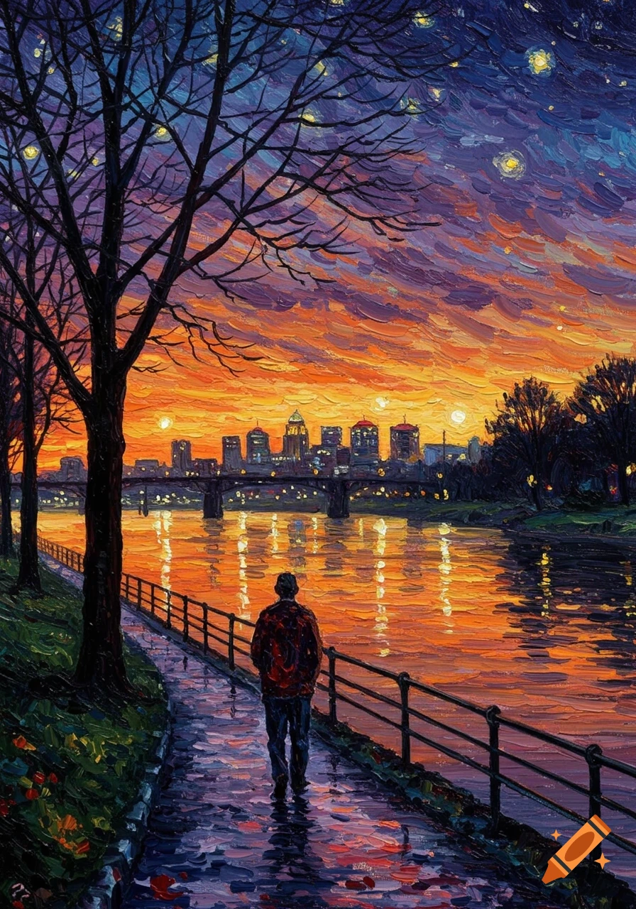 A person walks along a river path at dusk with a city skyline and bridge, painted in a thick impasto style reminiscent of Van Gogh.