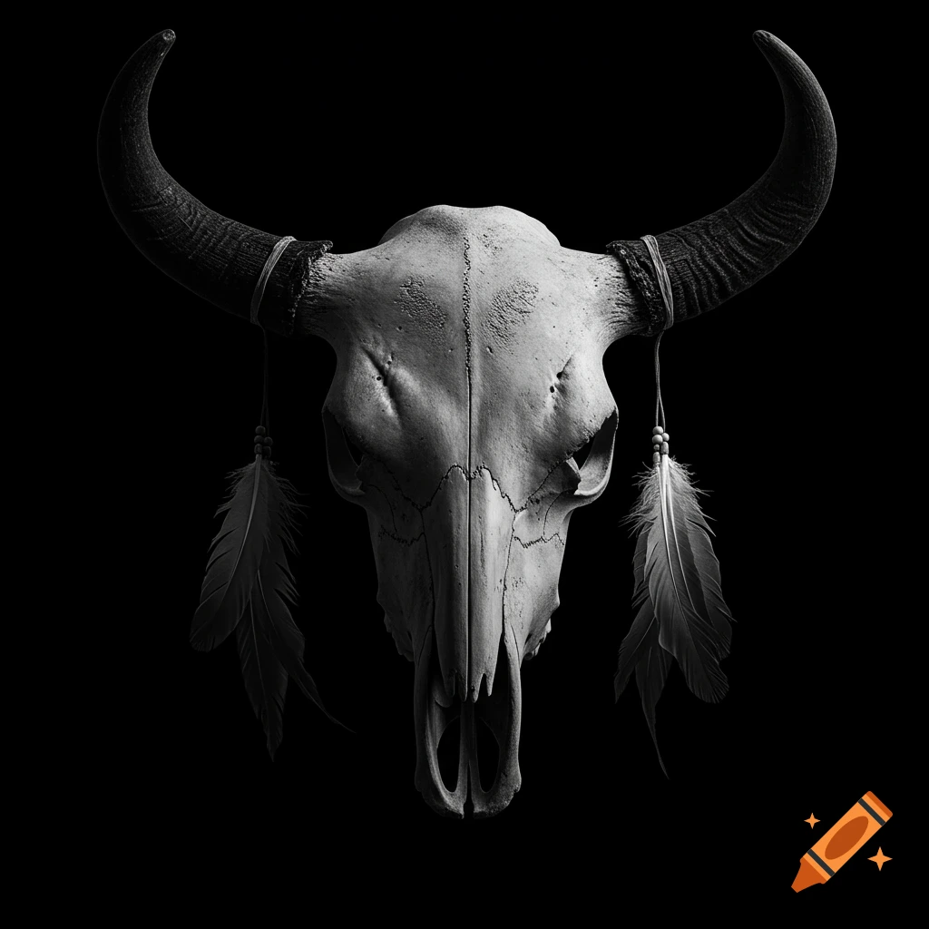 A monochromatic close-up of a bison skull with large horns and feathers hanging from them, against a dark background.
