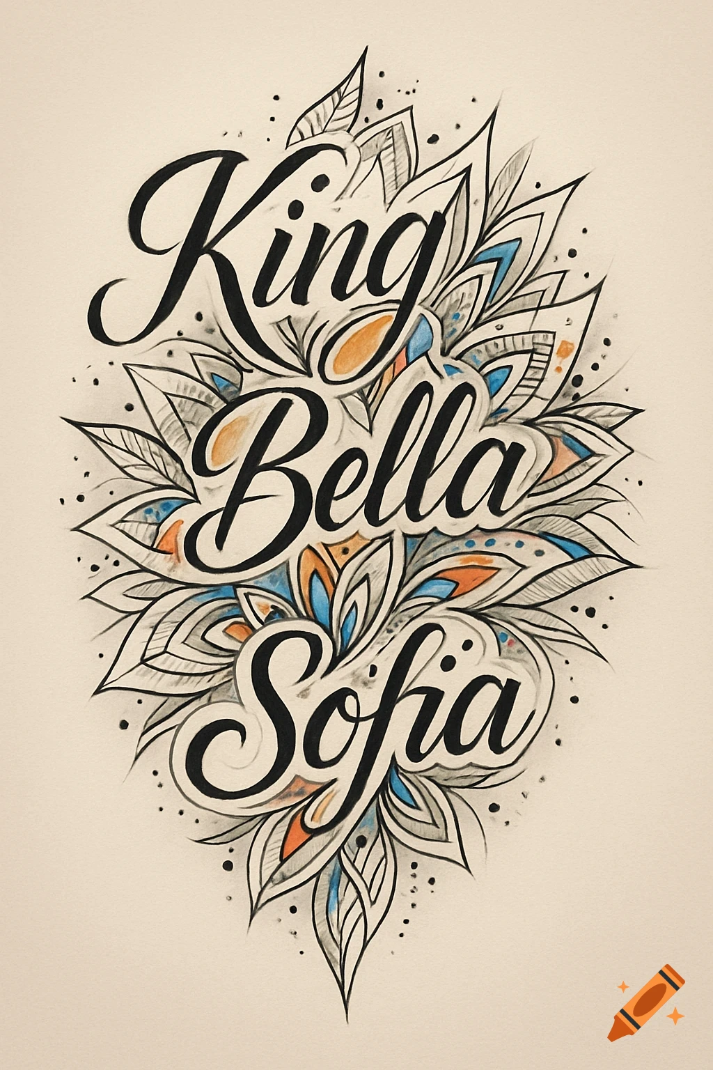 Stylized tattoo design with names King, Bella, Sofia amidst ornamental floral patterns and colorful accents.