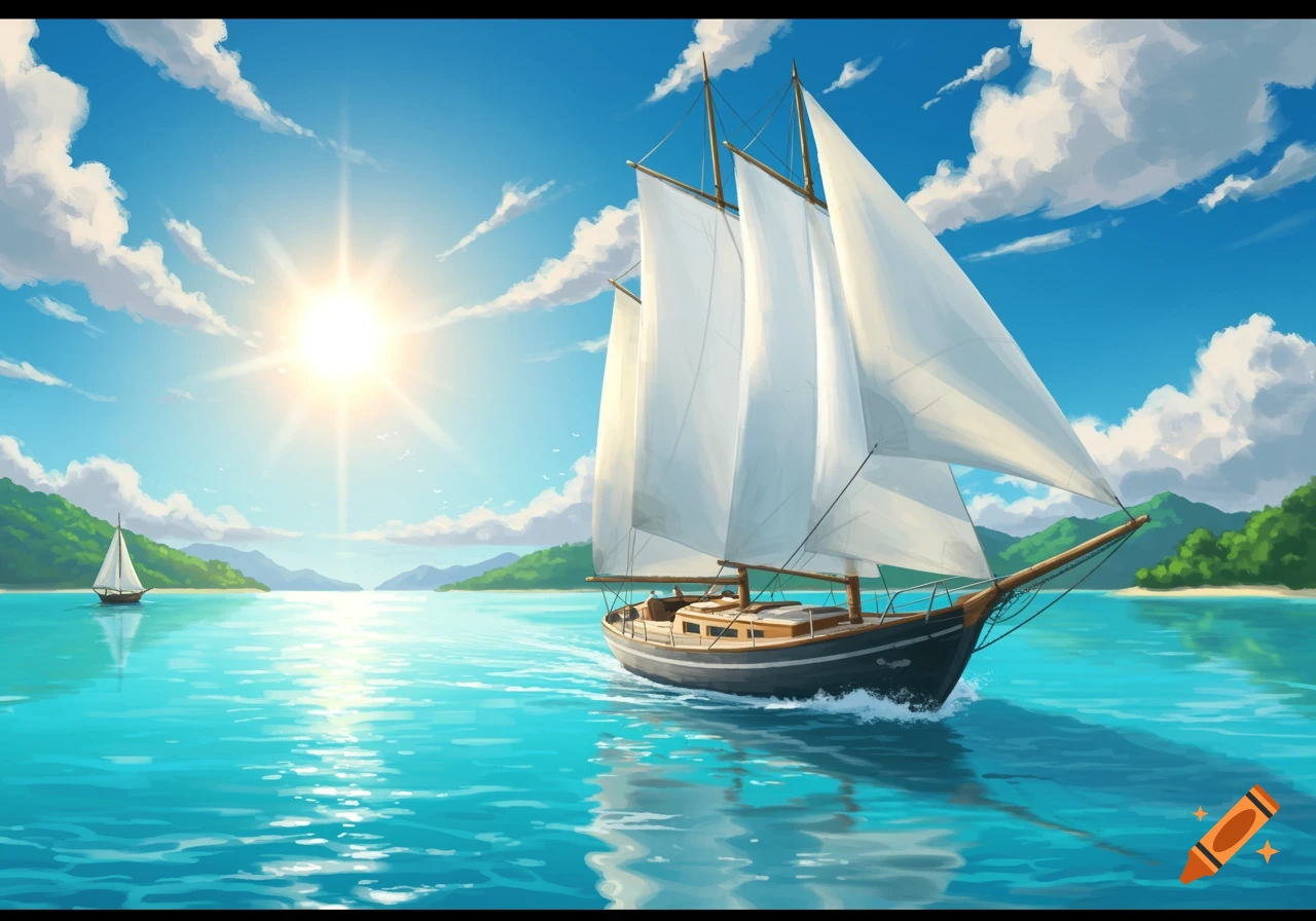 An illustrative painting of a sailboat on bright blue water under a sunny sky with green islands and a small boat in the distance.