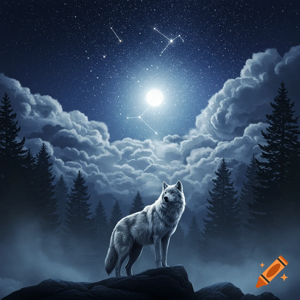 A majestic wolf stands on a rock under a bright full moon and starry night sky with constellations and mystical clouds.