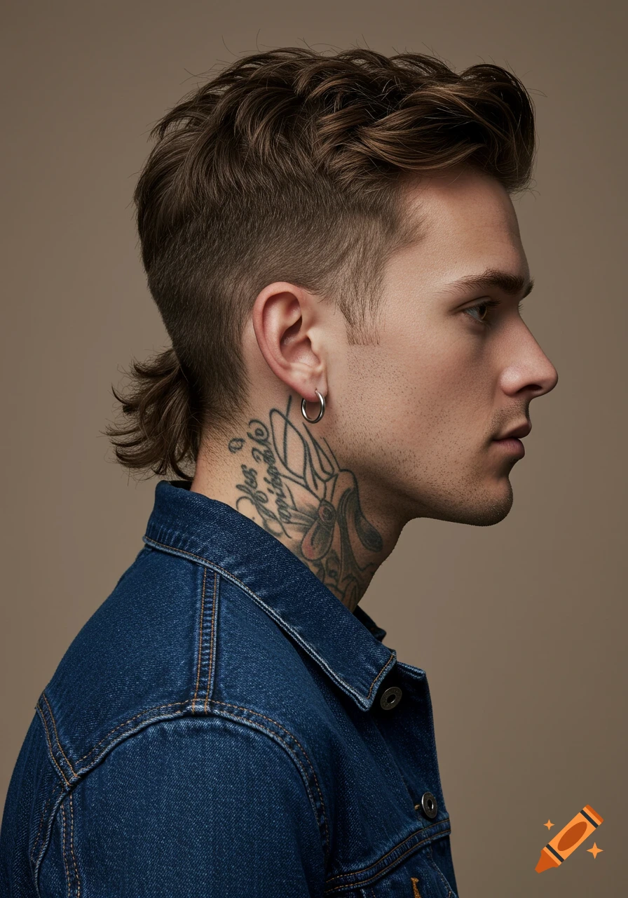 Photorealistic studio portrait of a young man in profile, with a mullet hairstyle, a denim jacket, an earring, and neck tattoos.