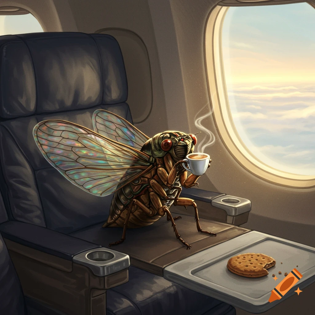 A large cicada sips coffee from a small cup while sitting in an airplane window seat, with clouds visible outside.