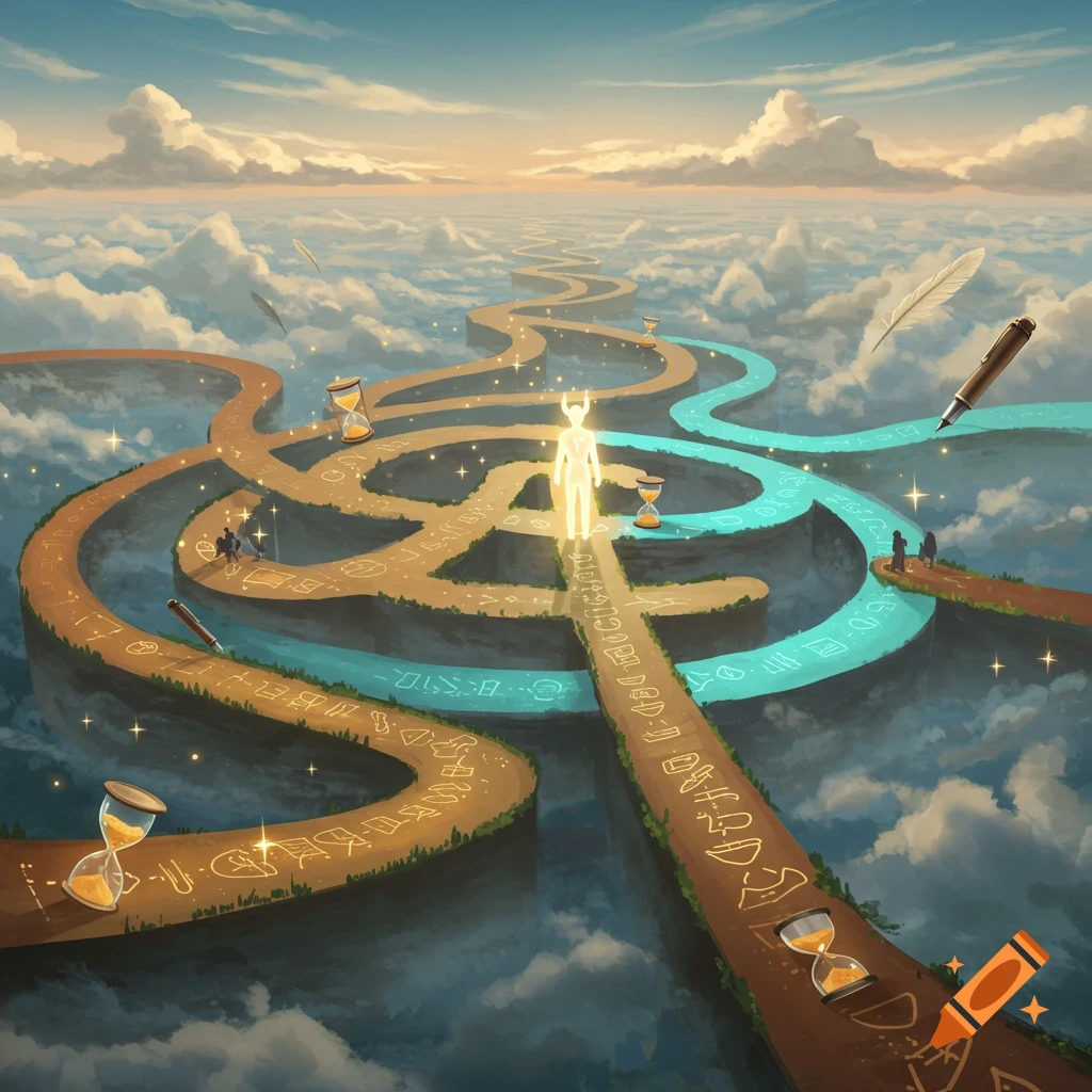 A glowing, horned figure stands on winding paths with symbols, floating above clouds, surrounded by hourglasses and writing tools.