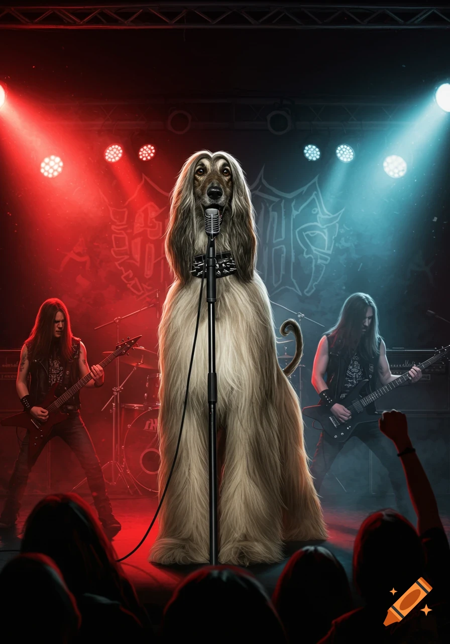 An Afghan Hound stands at a microphone as the lead singer of a death metal band, flanked by guitarists, on a stage lit with red and blue spotlights.