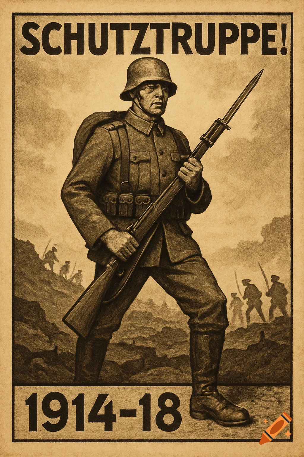 A sepia-toned WWI-era propaganda poster depicts a German soldier with a rifle, with 'SCHUTZTRUPPE!' and '1914-18' text.