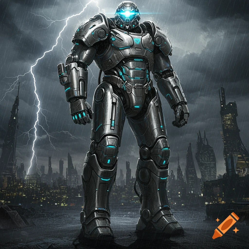 A tall, bulky power armor suit with glowing blue accents stands in a rainy, lightning-struck futuristic city.