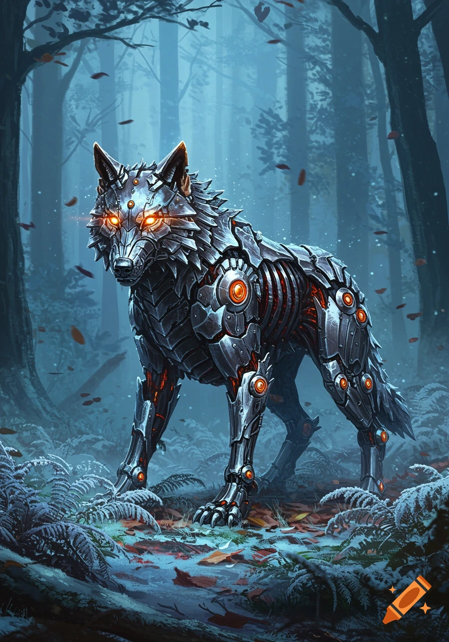 A striking robotic wolf with glowing orange eyes and details stands in a dark, snowy forest with falling leaves.